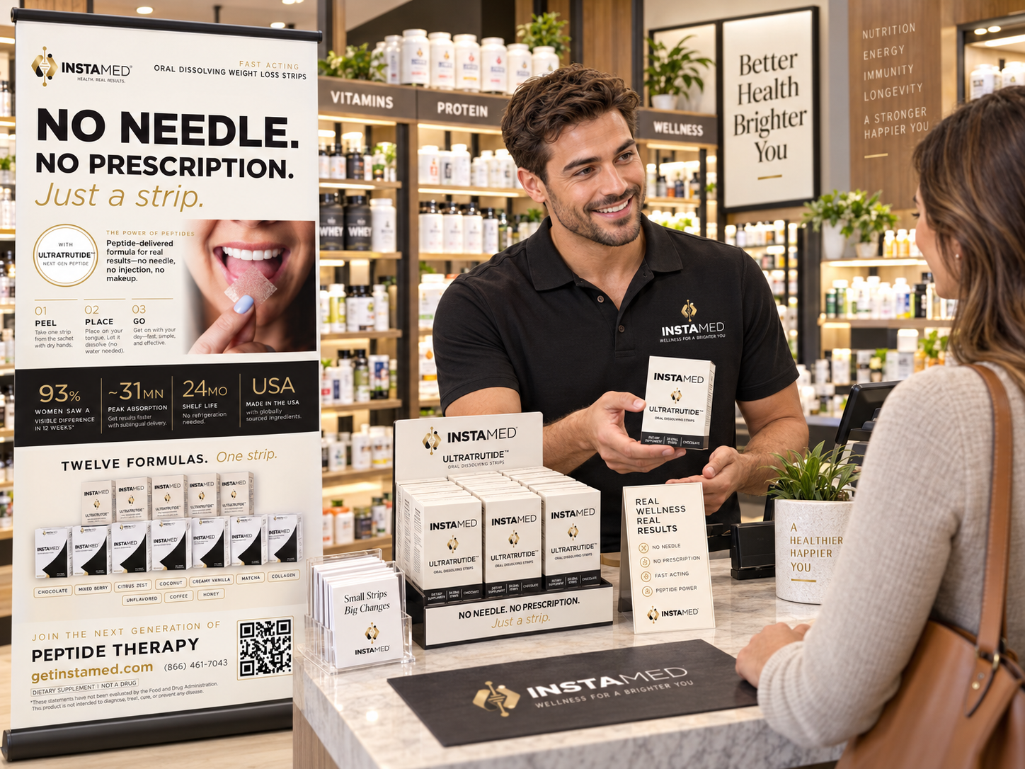 InstaMed products merchandised in a supplement and wellness retail environment