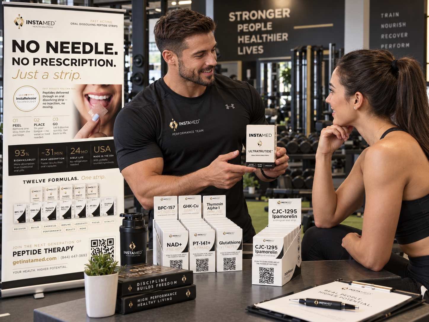 InstaMed products presented with fitness professionals in a premium gym setting