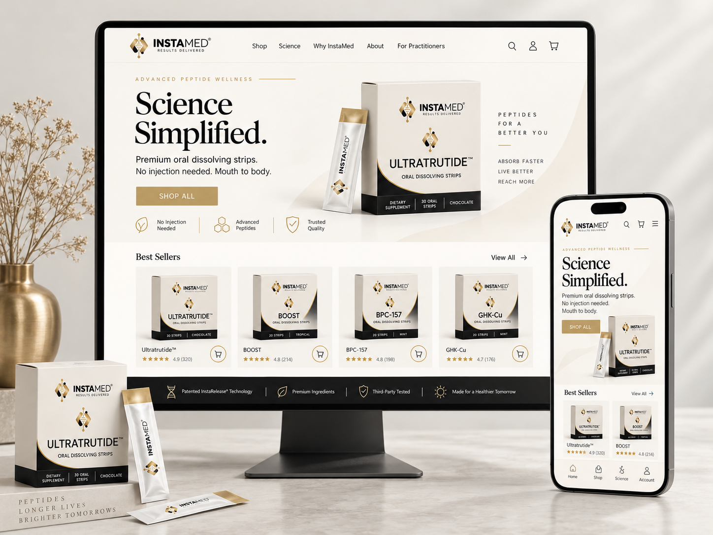 InstaMed oral dissolving strip storefront shown on desktop and mobile with product boxes